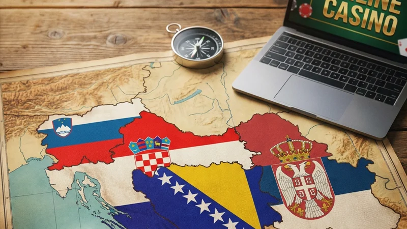 Stara geografska mapa Balkana sa istaknutim zastavama Slovenije, Hrvatske, Bosne i Hercegovine i Srbije. Na drvenom stolu pored mape nalaze se lupa, kompas i otvoren laptop sa natpisom "Online Casino", što simbolizuje istraživanje i navigaciju kroz tržište onlajn kazina u regionu.