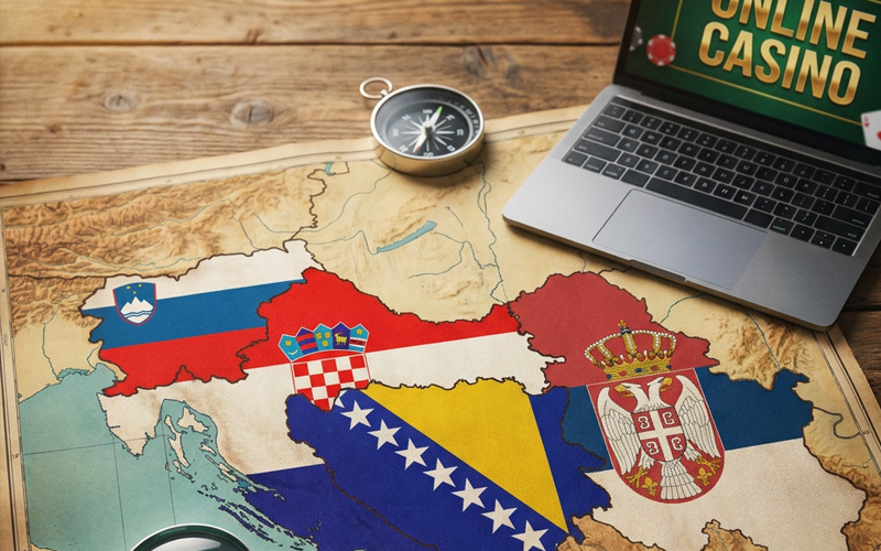 Stara geografska mapa Balkana sa istaknutim zastavama Slovenije, Hrvatske, Bosne i Hercegovine i Srbije. Na drvenom stolu pored mape nalaze se lupa, kompas i otvoren laptop sa natpisom "Online Casino", što simbolizuje istraživanje i navigaciju kroz tržište onlajn kazina u regionu.