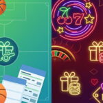 Podeljena ilustracija – fudbal i košarka sa tiketom i poklonom na levoj strani, kazino simboli, rulet i kocke sa poklonom na desnoj strani, kao simbol bonusa za sport i kazino