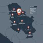 Mapa Srbije sa označenih 14 klubova nove Superlige po gradovima, uključujući šest klubova iz Beograda