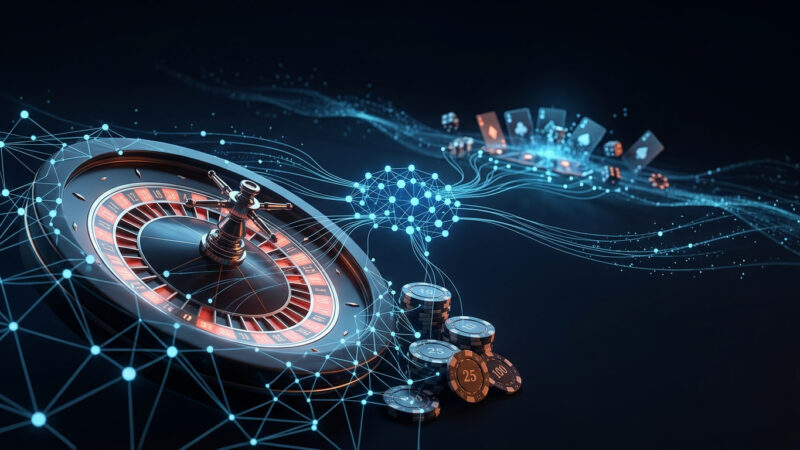 Ruleta i kazino žetoni povezani sa digitalnom mrežom plavih čvorova, simbol primene veštačke inteligencije u online kazinima