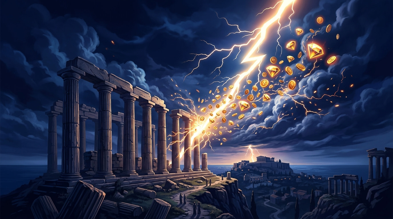 Digitalna ilustracija Zevsovog munje koja udara u antičke grčke stubove, uz zlatne novčiće i dijamante u oblacima, simbol za vest o slot igri Gates of Olympus 2500